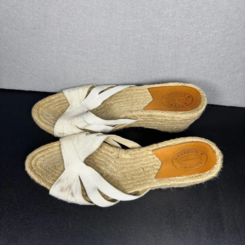 Stubbs & Wootton Espadrille Wedge Sandals White Grace Grosgrain Straps Size 38/8